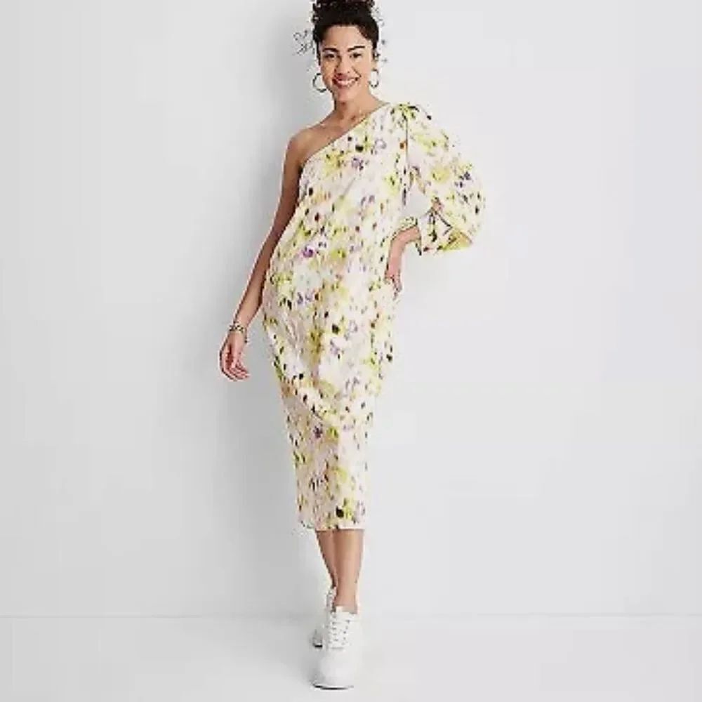 Future Collective Linen Blend Watercolor One Shoulder Midi Dress Size M